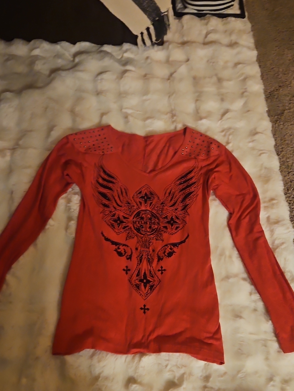 Affliction Red Long-Sleeve Graphic Tee with Stud Accents
